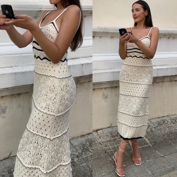 Ivory and black knit crochet spring summer midi dress - Picture 1 of 4